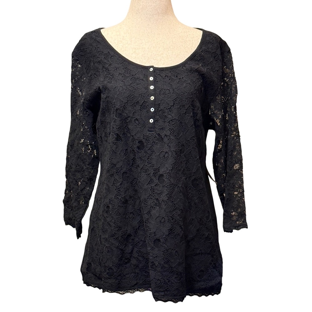 Dressbarn Womens XL Black Lace‎ 3/4 Sleeve Boat Neck Cotton Top NWT